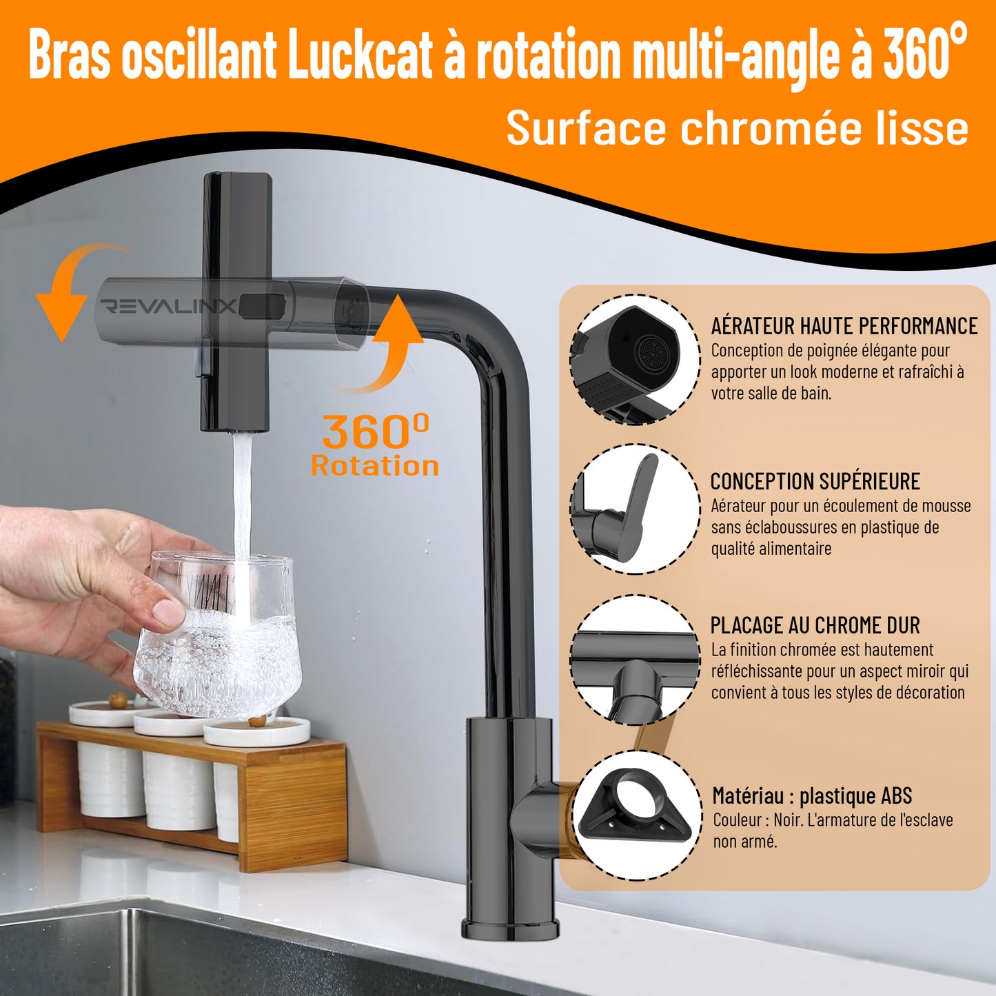 Robinet de Cuisine Noir 360° Style Cascade – Douchette Extensible 3 Modes, Haute Pression, Mitigeur Monolevier en Acier Inoxydable - Revalinx 