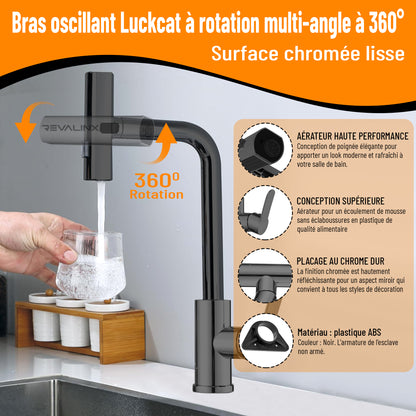 Robinet de Cuisine Noir 360° Style Cascade – Douchette Extensible 3 Modes, Haute Pression, Mitigeur Monolevier en Acier Inoxydable - Revalinx 