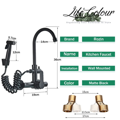 Robinet Cuisine Mural Noir Mat avec Douchette Flexible