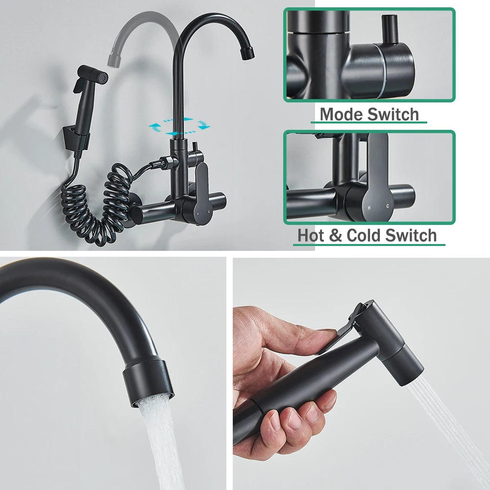 Robinet Cuisine Mural Noir Mat avec Douchette Flexible