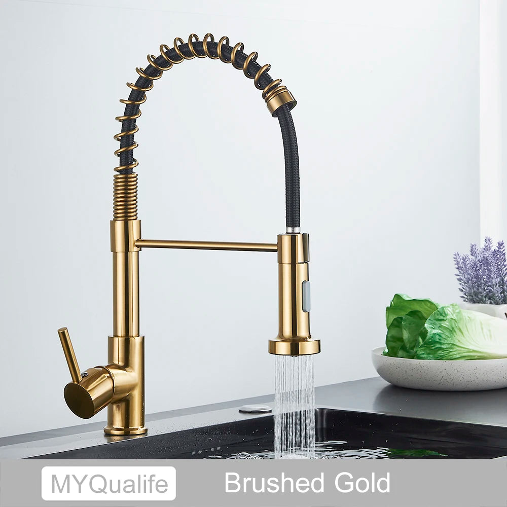 Robinet de Cuisine Doré Brossé – Mitigeur Monolevier, Eau Chaude & Froide, Montage sur Plan