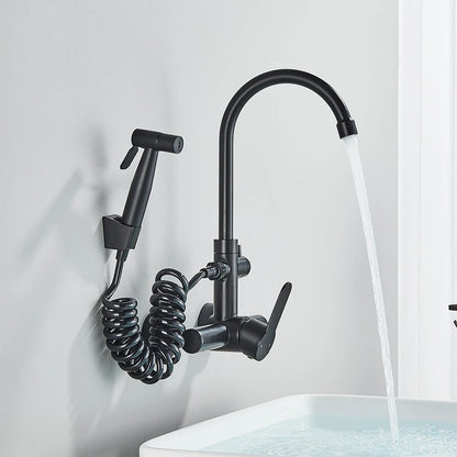 Robinet Cuisine Mural Noir Mat avec Douchette Flexible