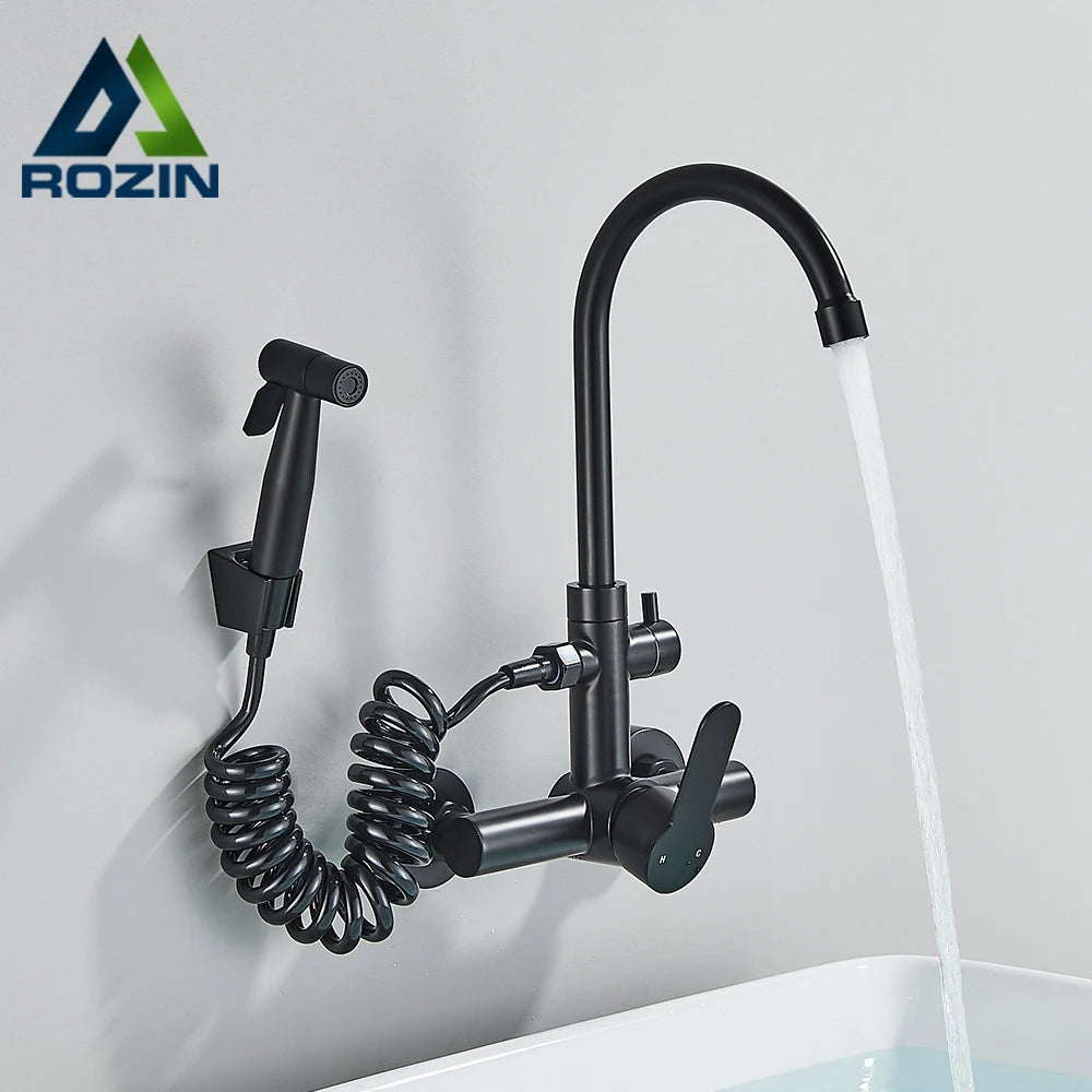 Robinet Cuisine Mural Noir Mat avec Douchette Flexible
