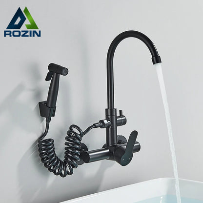 Robinet Cuisine Mural Noir Mat avec Douchette Flexible