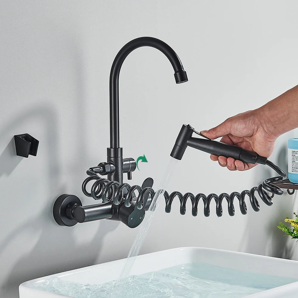 Robinet Cuisine Mural Noir Mat avec Douchette Flexible