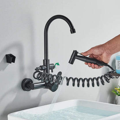 Robinet Cuisine Mural Noir Mat avec Douchette Flexible