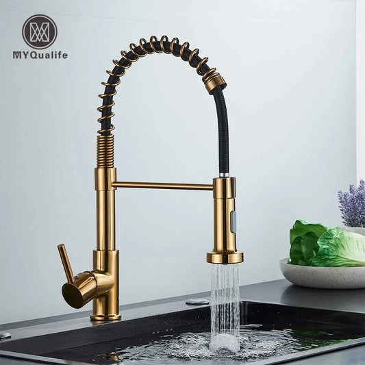 Robinet de Cuisine Doré Brossé – Mitigeur Monolevier, Eau Chaude & Froide, Montage sur Plan