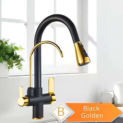 Robinet de Cuisine Noir & Doré avec Filtre – Douchette Pull-Out, 3 Modes, Eau Chaude & Froide - Revalinx 